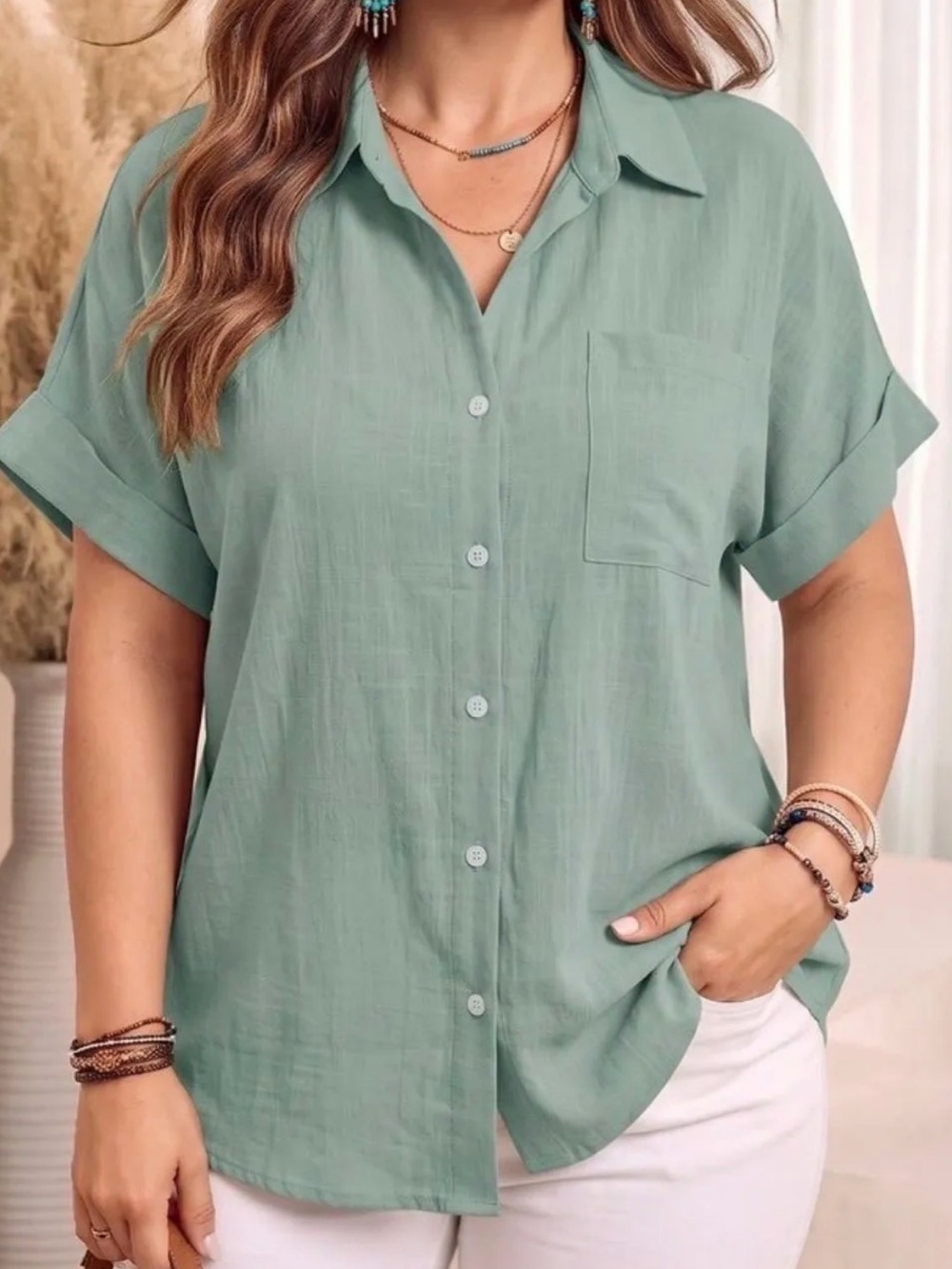 SHEIN Light Sage Green Button-Down Short Sleeve Shirt
